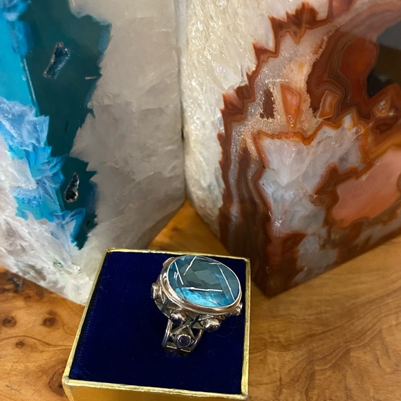 Bold Genuine Vintage Sajen 925 Rutilated Blue quartz Amethyst Ring - Picture 3 of 6